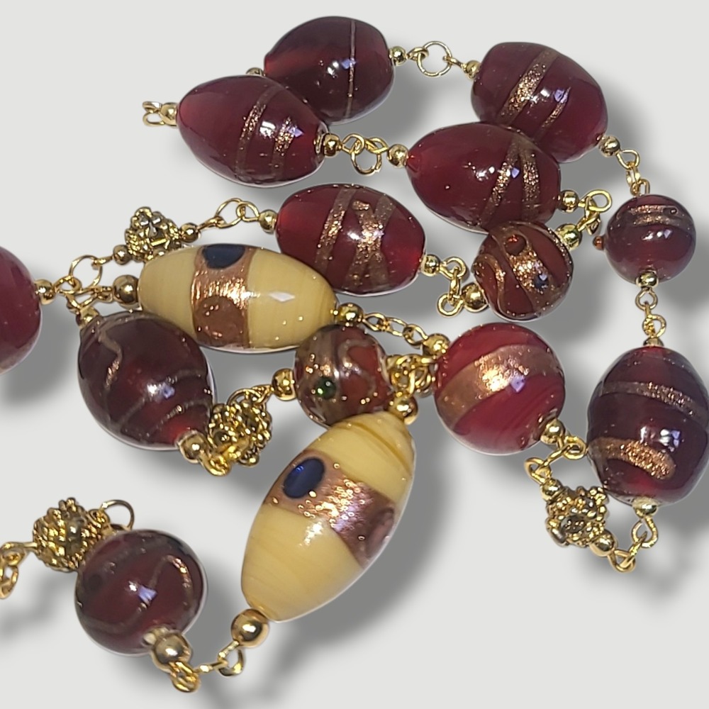 Lampwork Glass‎ Bead Necklace 24in Gold Tone Chain Burgundy Amber Artisan